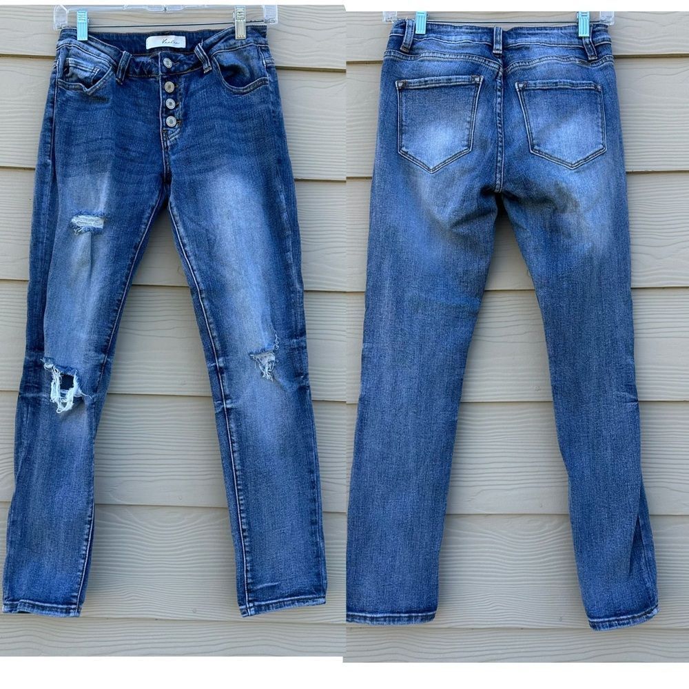 Kancan Hi Rise Skinny Exposed Button Fly Distressed‎ Raw Hem Jeans-Sz 3 / 25